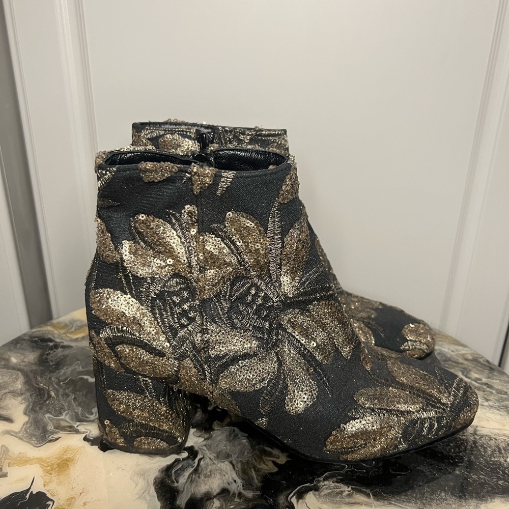 Made in Italy Gold Brocade Sequin Ankle Boots Leather Sole - Picture 2 of 13